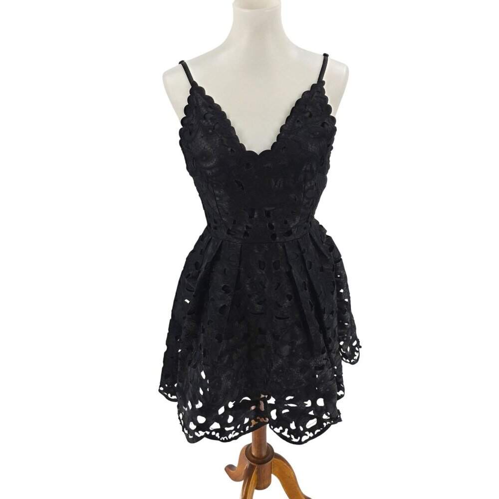 Black Lace Sleeveless Mini Dress With Scalloped Hem & V-Neckline